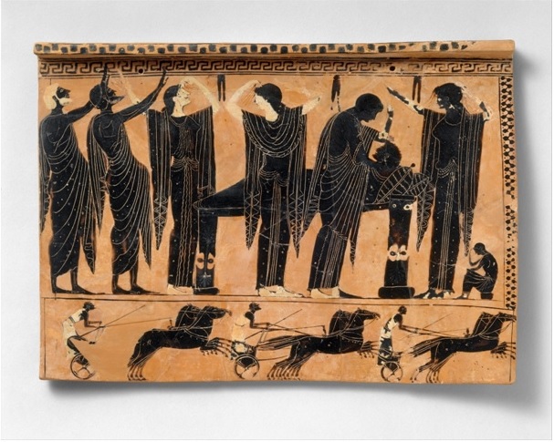 – Placa funerária em terracota (520-510 a.C.) do período arcaico grego Durante a próthesis (πρόθεσις), lamenta-se o morto antes de seguir à sepultura (ἐκφορά).