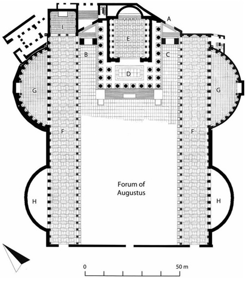 Planta do Fórum de Augusto: A. Arco dei Pantani; B. Arco de Druso; C. Arco de Germânico; D. pronau do Templo de Marte Vingador; E. cela do Templo de Marte Vingador; F. pórticos; G. êxedras maiores; H. êxedras menores; I. Sala do Colosso