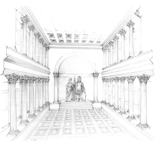 sboço do interior da cela com estátuas de culto.