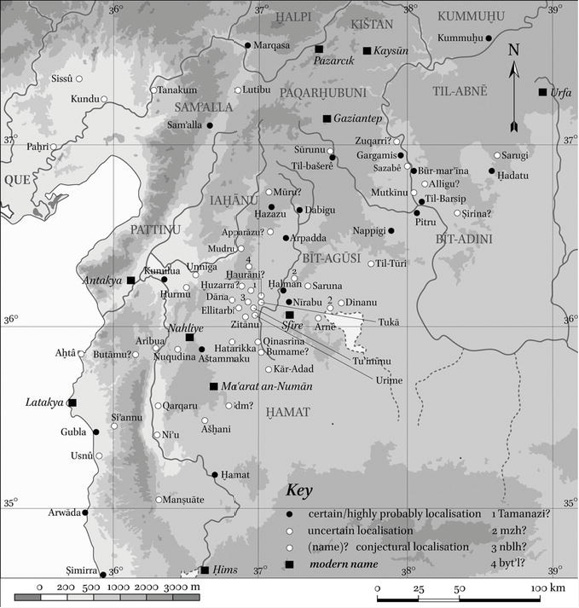 Mapa de territórios semitas ocidentais do noroeste do Levante, veja Antakya na costa (Bagg, 2019)